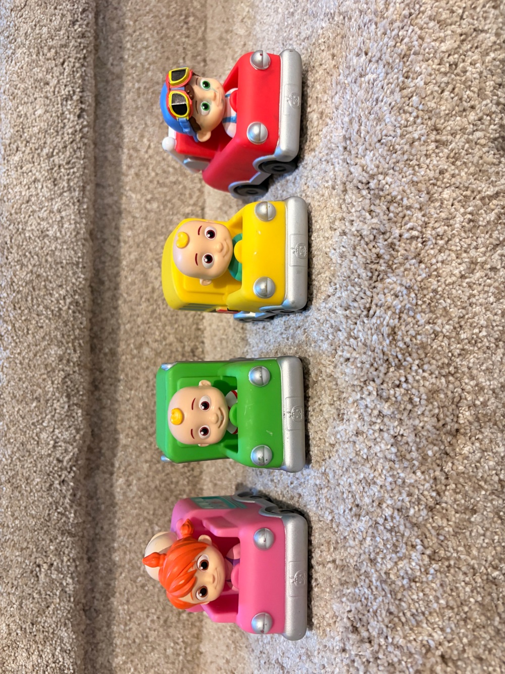 Set of 4 Colorful Push-Along Character Cars - Red, Yellow, Green, Pink